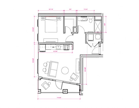 1  Bed   1  Bath  611 Sq. Ft. New York II - South A8 Floor Plan at Expo at Forest Park, St. Louis, 63112